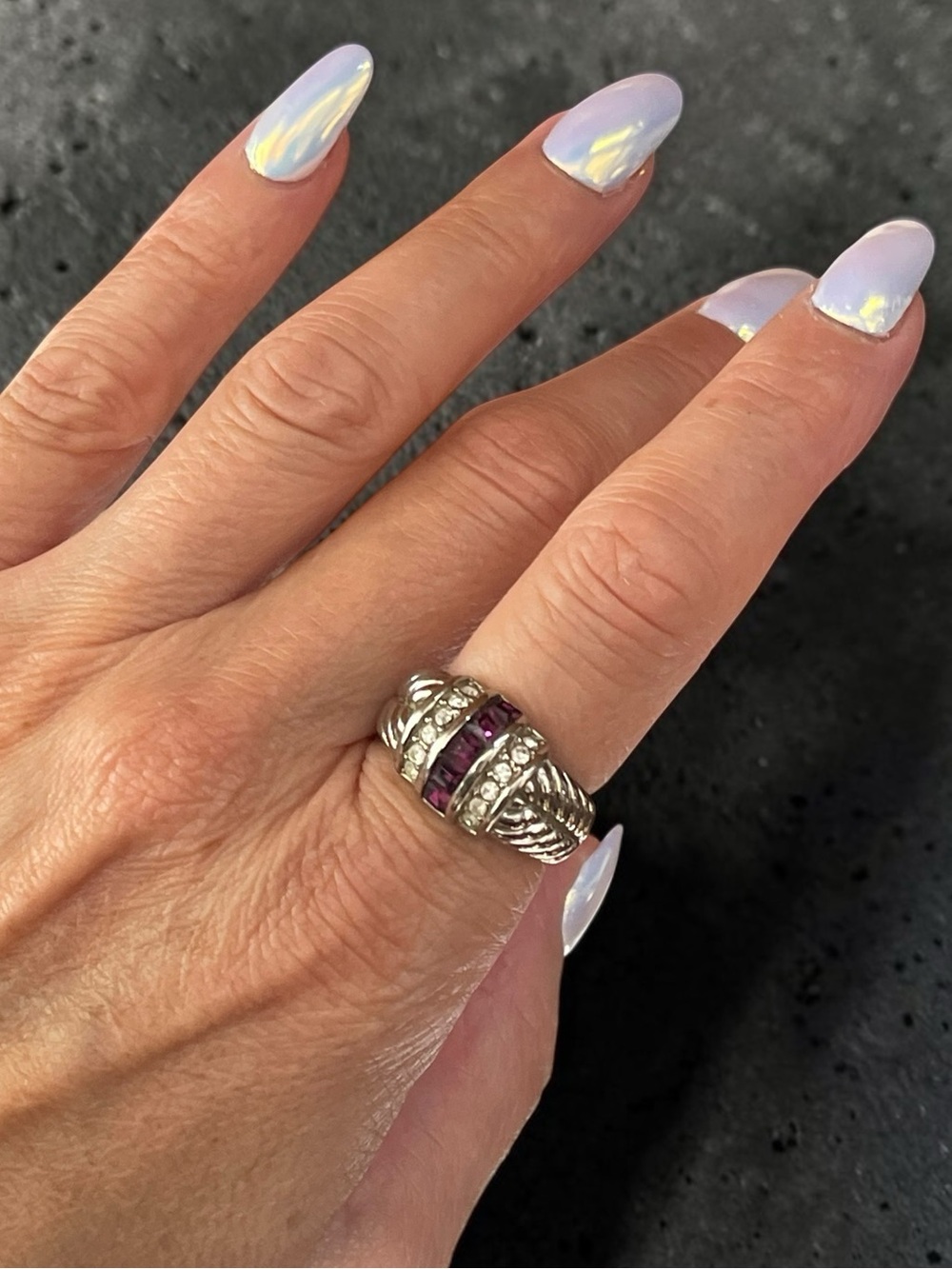 Silver Tone Purple Crystal Braided Gallery Statement Ring Size 8.5